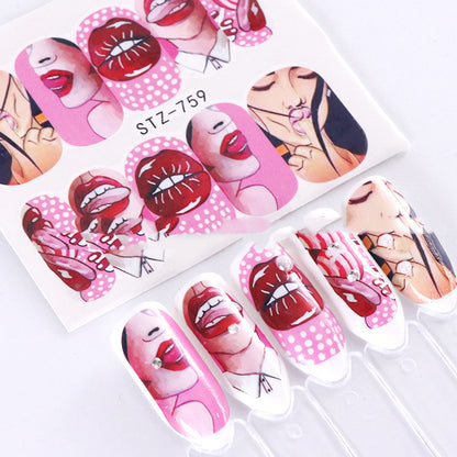 Cross-Border Sources Of Nail Art Watermark Stickers European Style Sexy Red Lips And Tongue Beauty Pattern Nail Water Transfer Stickers Nail