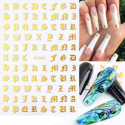 Autocollants pour nail art transfrontaliers à chaud Ins Autocollants adhésifs pour ongles 3D plaqués or rétro Caractères anglais rétro Laser Argent