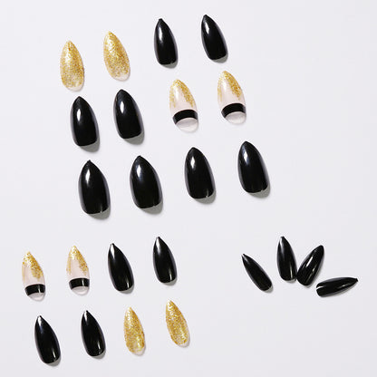 Black Gold Glitter Pointed Wear Nail Art Finished Fake Nails