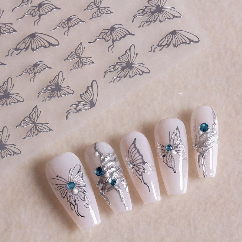 Embossed Black-and-white Butterfly Rose Nail Stickers