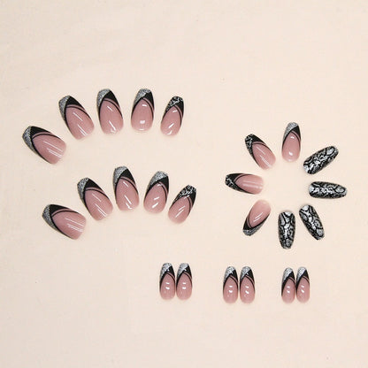 Sweet Cool Style Triangle Black French Glitter Leopard Print Wear Armor Short Ballet Nail Sticker Fake Nails