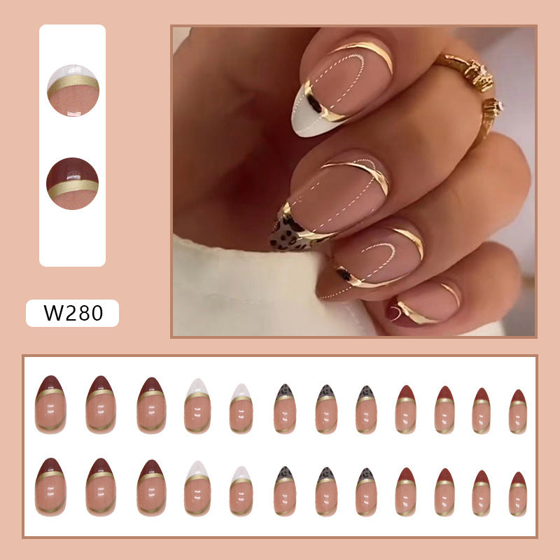 Almond Nail Shiny Gold Foil Color-blocking Leopard Print White Fake Nails