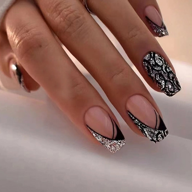 Sweet Cool Style Triangle Black French Glitter Leopard Print Wear Armor Short Ballet Nail Sticker Fake Nails