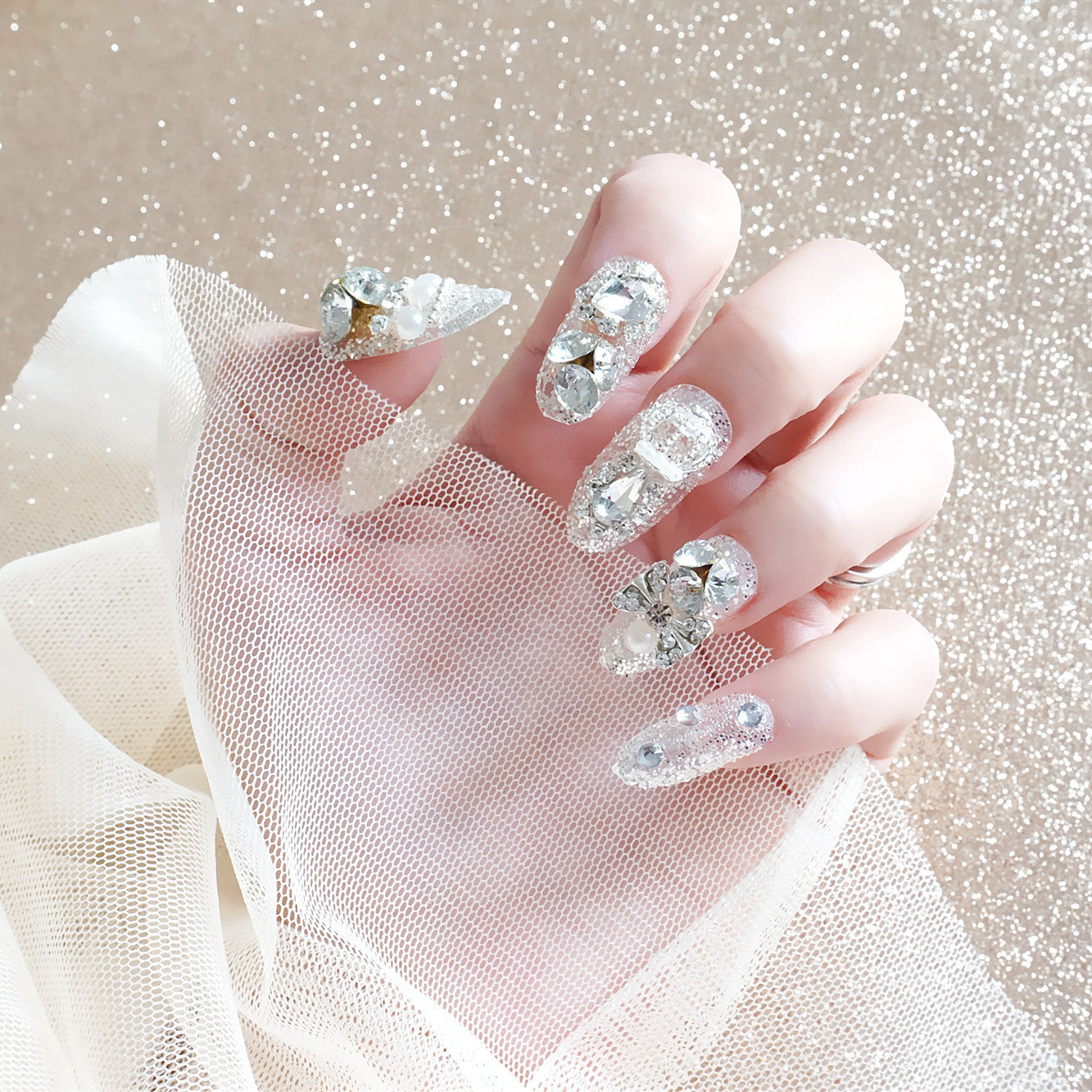 Finished Fake Nails Wearing Armor Removable Silver Water Drops