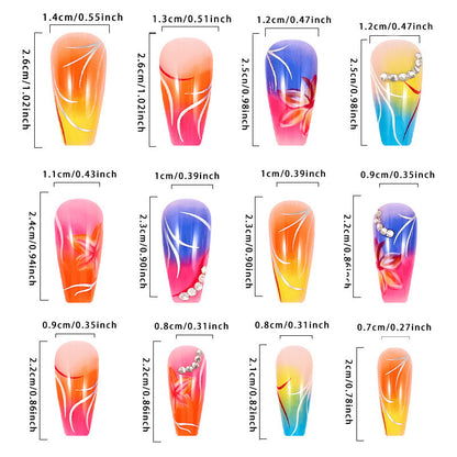 Color Gradient Flower Rhinestone Fake Nails