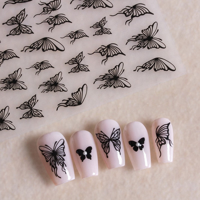 Embossed Black-and-white Butterfly Rose Nail Stickers