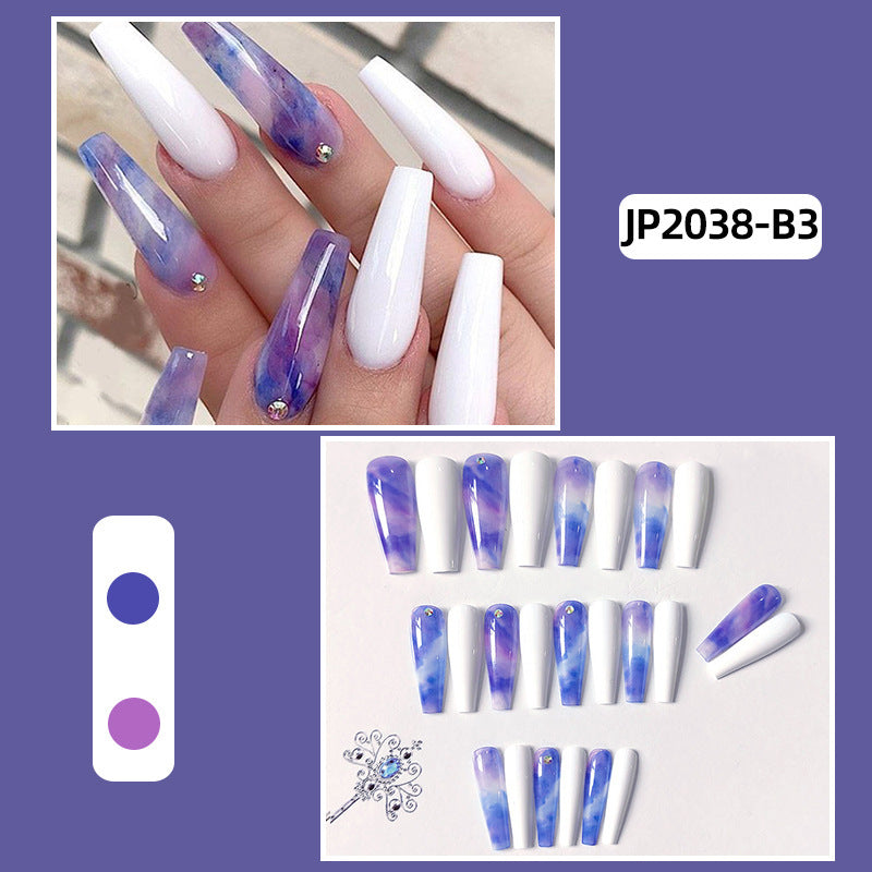 JP2038-B3 European And American New Super Long Ballet Manicure Fake Nails Spot Drill Misty Gradient Blue Ultra-thin Wear Nail