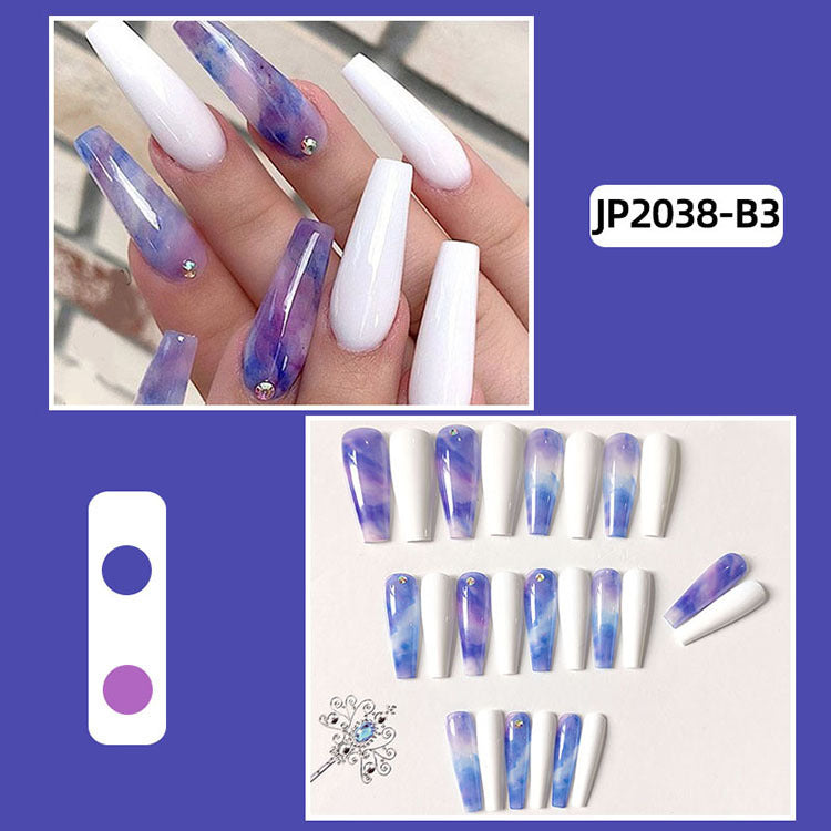 JP2038-B3 European And American New Super Long Ballet Manicure Fake Nails Spot Drill Misty Gradient Blue Ultra-thin Wear Nail