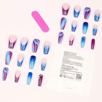 Autocollants pour ongles du milieu de l'armure pour pointes d'ongles de style français, pointes d'ongles dégradées bleu violet