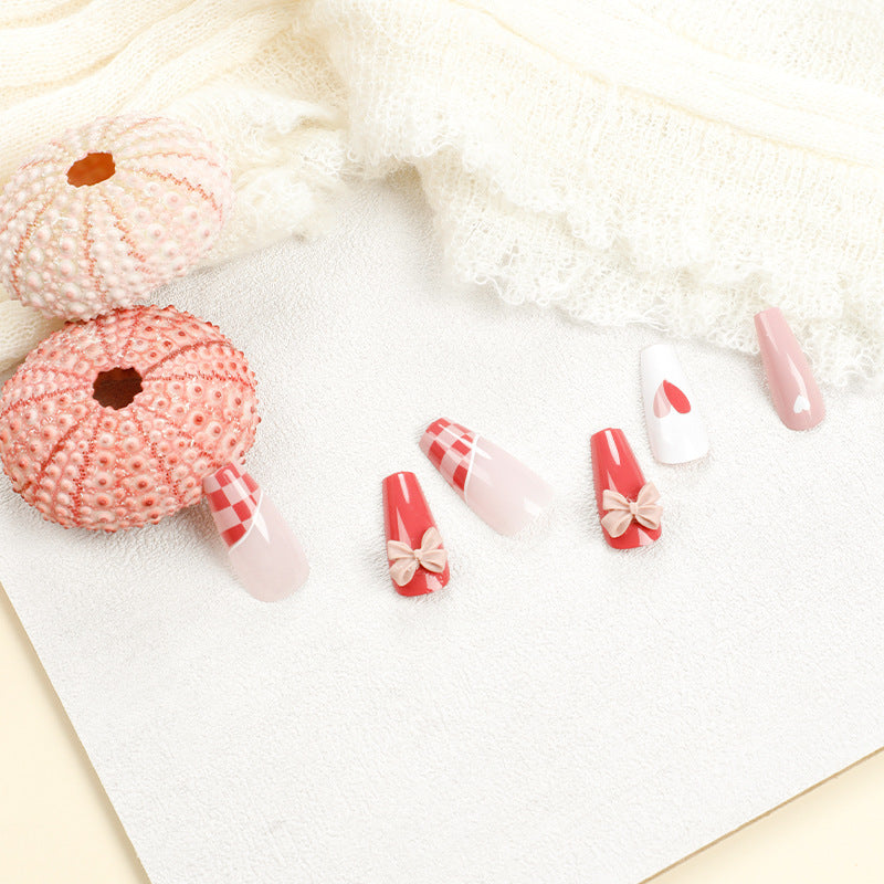 Wear Nail Nail Stickers Ice-permeable Grapefruit Red Chessboard Grid Manicure White Fake Nails