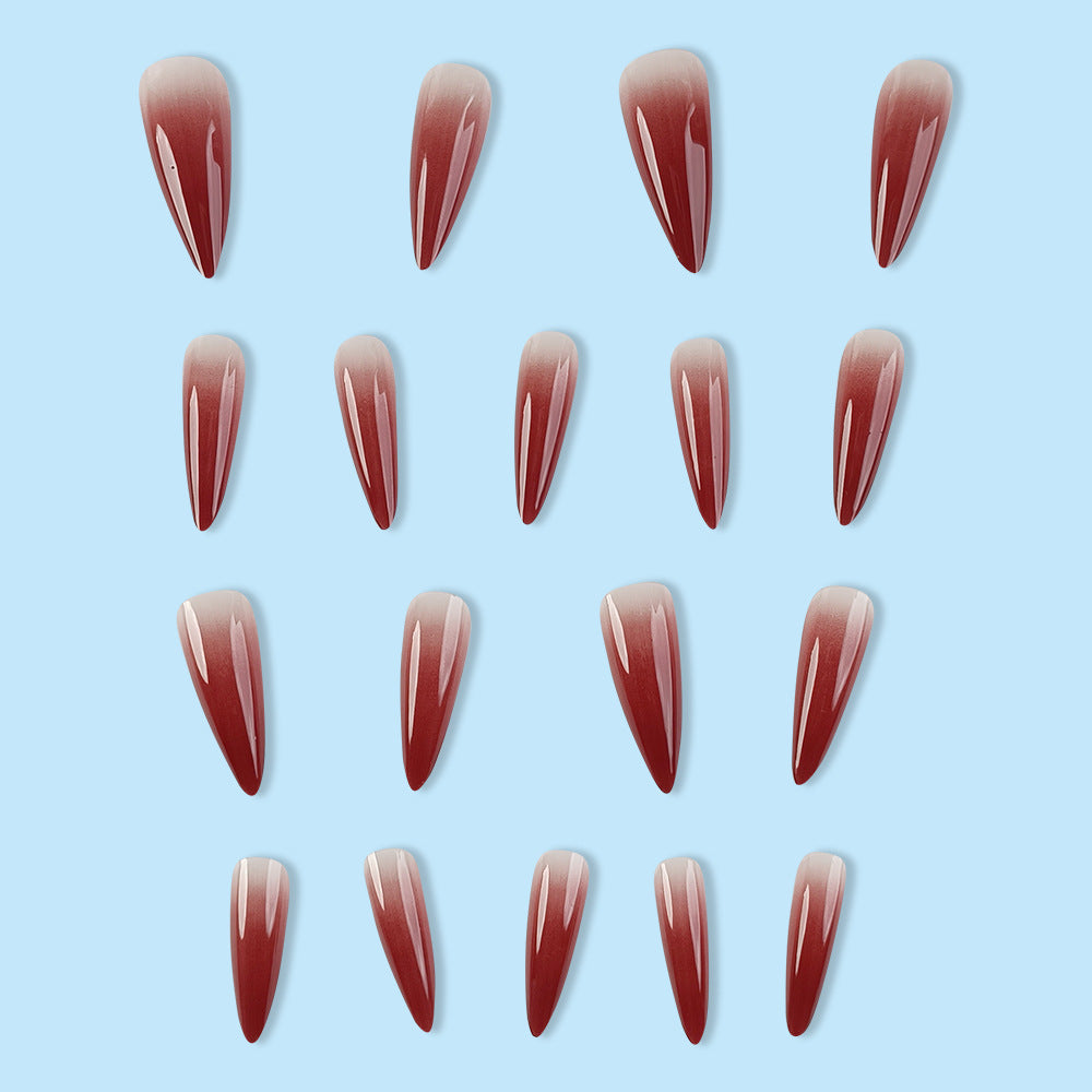 Foreign Trade Hot Selling Wearable Nail Sticker Elegant White Drop Shape Wine Red Gradient Fake Nail Patch Nails