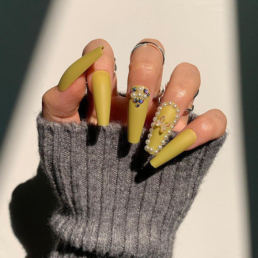 Mustard Yellow Green Wear Nail Butterfly Nail Full Diamond Nail Patch White Fake Nails