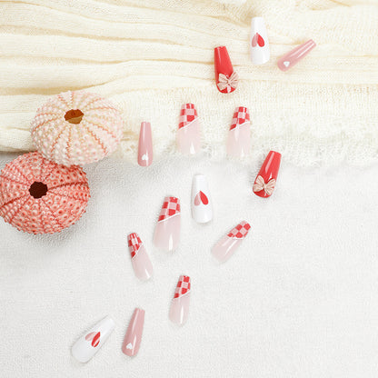 Wear Nail Nail Stickers Ice-permeable Grapefruit Red Chessboard Grid Manicure White Fake Nails