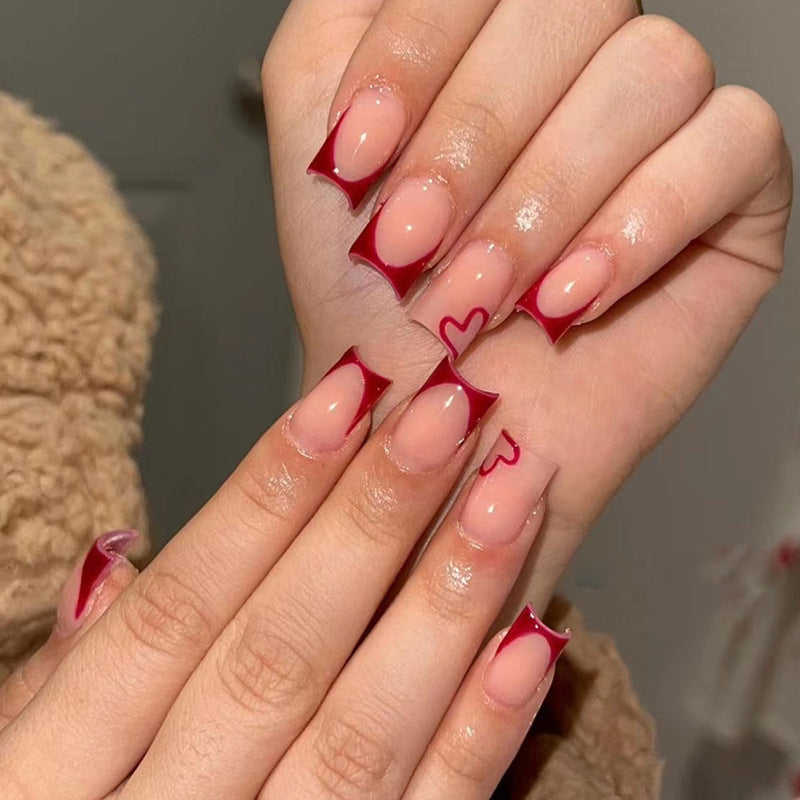 Simple Wine Red French Love European Square Fake Nails