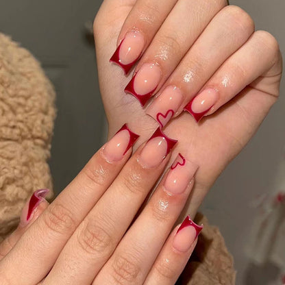 Simple Wine Red French Love European Square Fake Nails