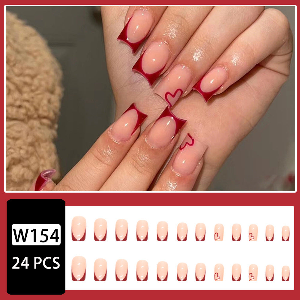 Simple Wine Red French Love European Square Fake Nails