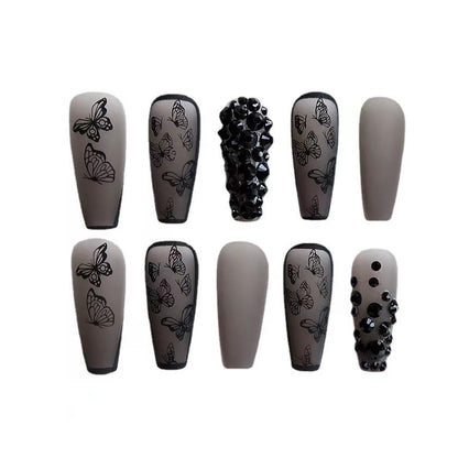 Phantom Dark Butterfly Fake Nails Long T Finished Black Frosted Removable Wear Armor