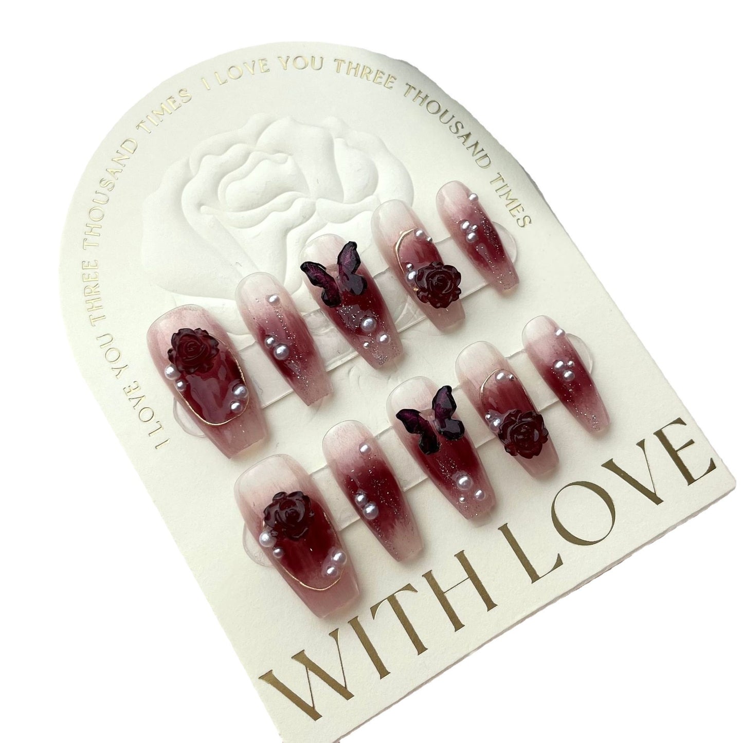 Wine Red Camellia Butterfly Fake Nails Hand-worn Patch