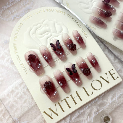 Wine Red Camellia Butterfly Fake Nails Hand-worn Patch