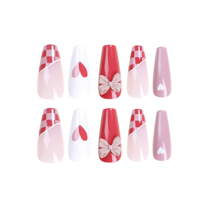 Wear Nail Nail Stickers Ice-permeable Grapefruit Red Chessboard Grid Manicure White Fake Nails