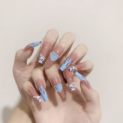 Ice-permeable Hot Girl Blue Flame Nail Stickers Fake Nails Removable Nail Tip Wear Finished Nail Beauty