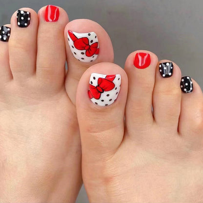 Black And White Dotted Red Bow Toenail Manicure Wearable Manicure Wholesale Fake Nails Nail Stickers Nails