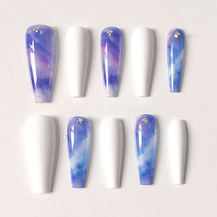 JP2038-B3 European And American New Super Long Ballet Manicure Fake Nails Spot Drill Misty Gradient Blue Ultra-thin Wear Nail