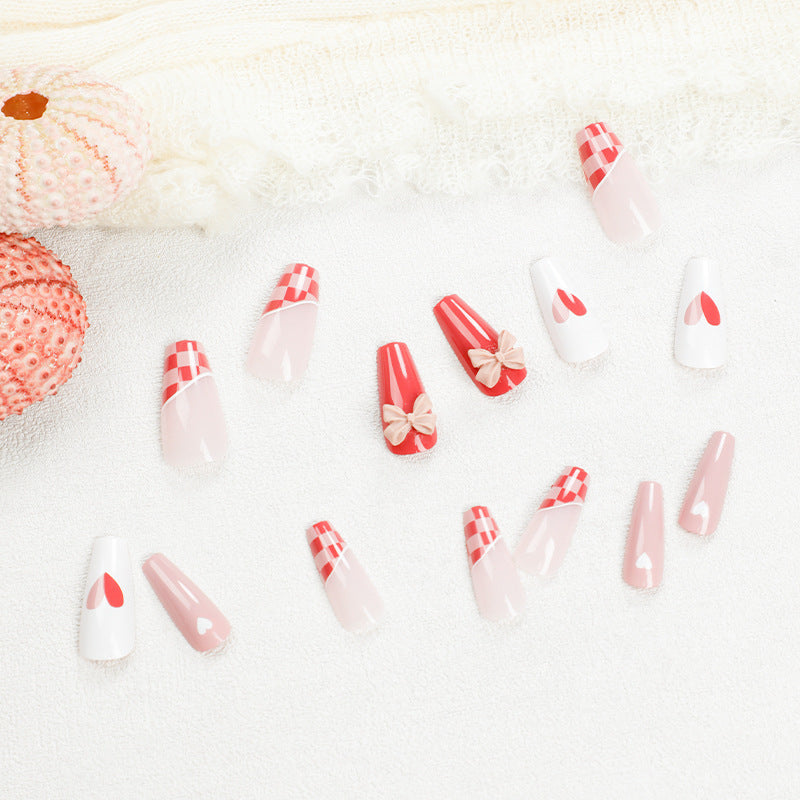 Wear Nail Nail Stickers Ice-permeable Grapefruit Red Chessboard Grid Manicure White Fake Nails